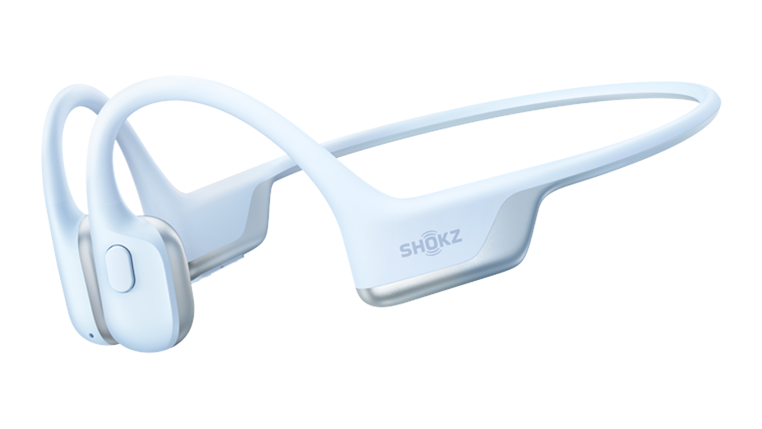 Front three-quarter view of ice blue Shokz OpenRun Air 2 Wireless Open-Ear Headphones with a wraparound titanium band