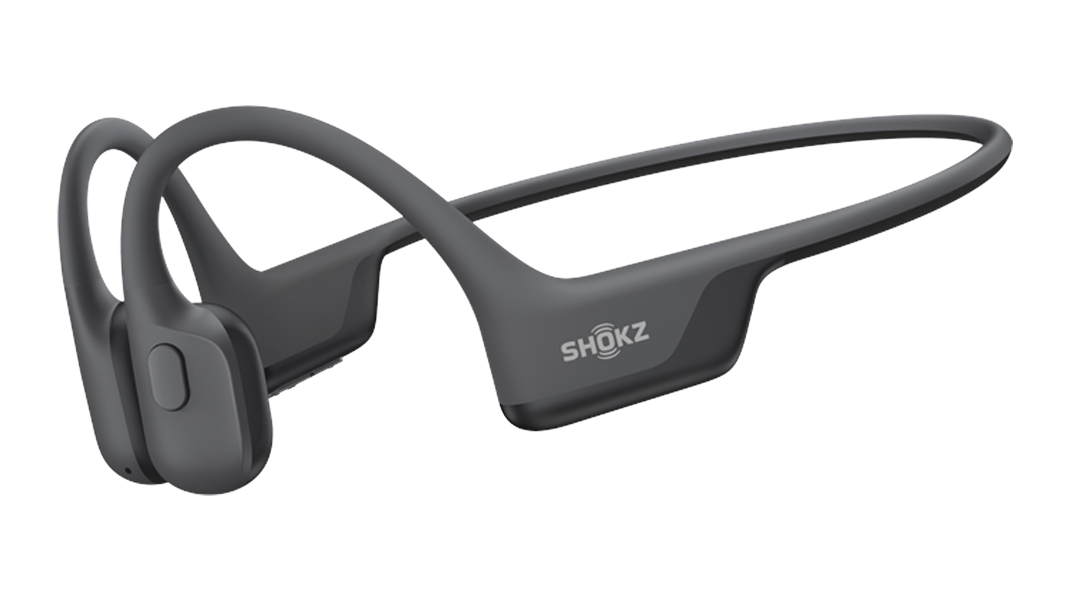 Front angle view of black Shokz OpenRun Air 2 wireless open-ear headphones with a wraparound titanium neckband