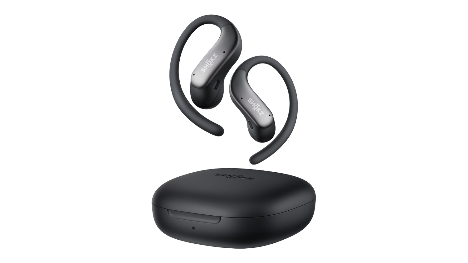 Front-angle view of black Shokz OpenFit Air 2 wireless open-ear headphones with ear hooks floating above a matching charging case