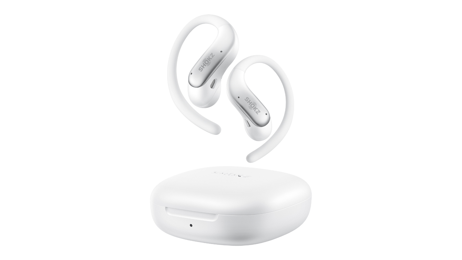 Front-angle view of white Shokz OpenFit Air 2 wireless open-ear headphones with ear hooks floating above a matching charging case