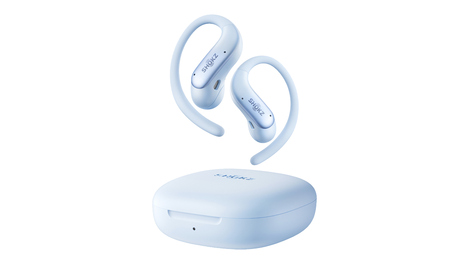 Front angle view of ice blue Shokz OpenRun Air 2 Wireless Open-Ear Headphones with matching charging case