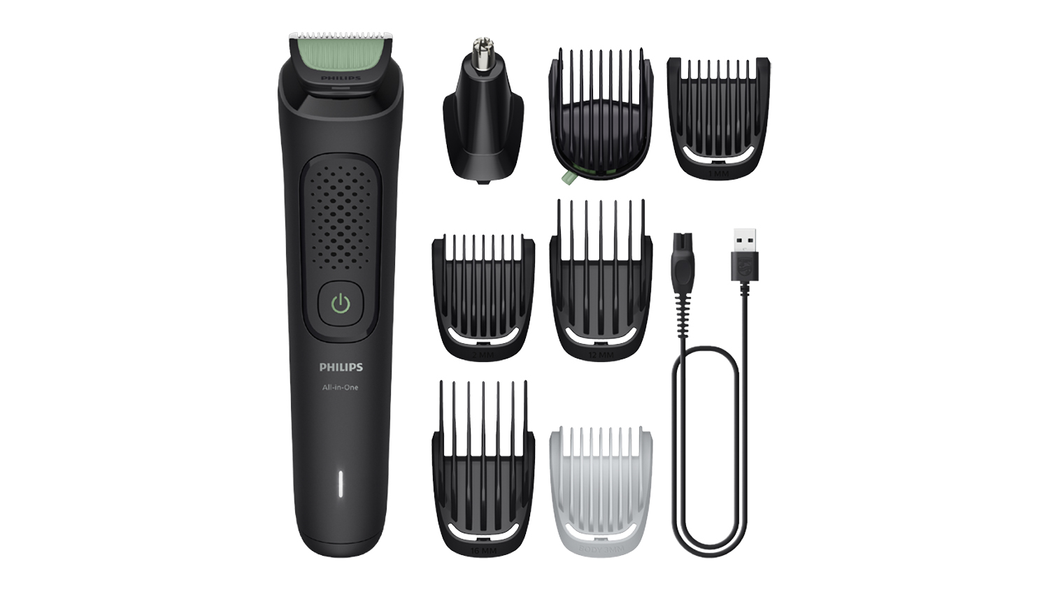 Philips 3000 Series Cordless 8-in-1 Face & Hair Trimmer includes a black electric shaver handle, six clipper guards, and a USB cable