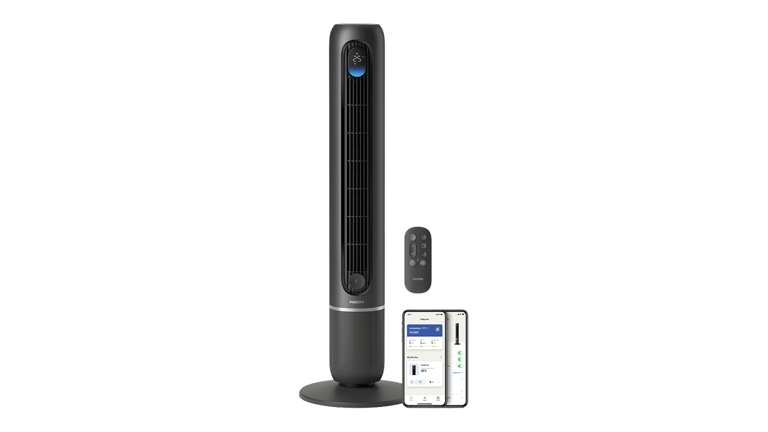 Front view of the Dark Grey Metallic Philips 7000 Series 106cm Smart Tower Fan with digital display, remote control, and smartphone app
