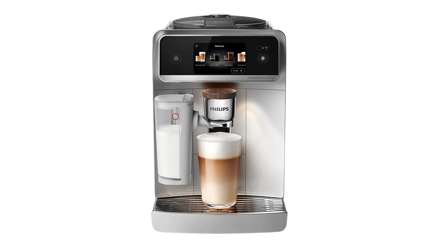 Front view of a stainless steel Philips coffee machine with a milk carafe and freshly brewed latte in a glass cup