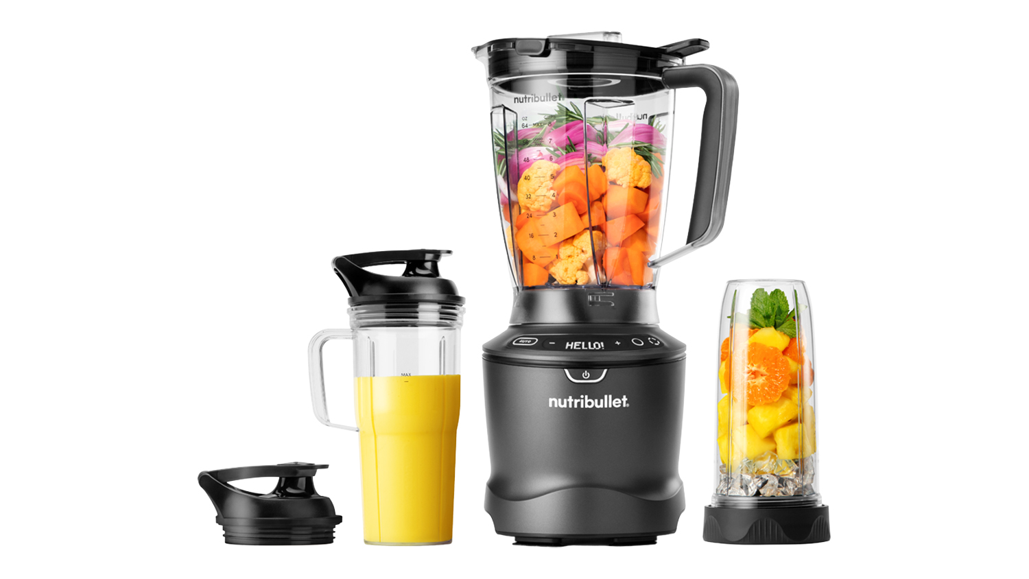 Nutribullet SmartSense 1500W Blender Combo featuring a grey motor base, 64-ounce pitcher, personal cups, and travel lids