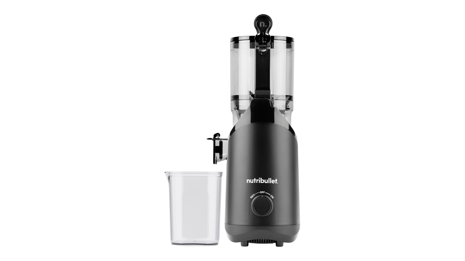 Front view of a black NutriBullet slow juicer with a clear pulp container and juice cup; apples in the clear feed chute