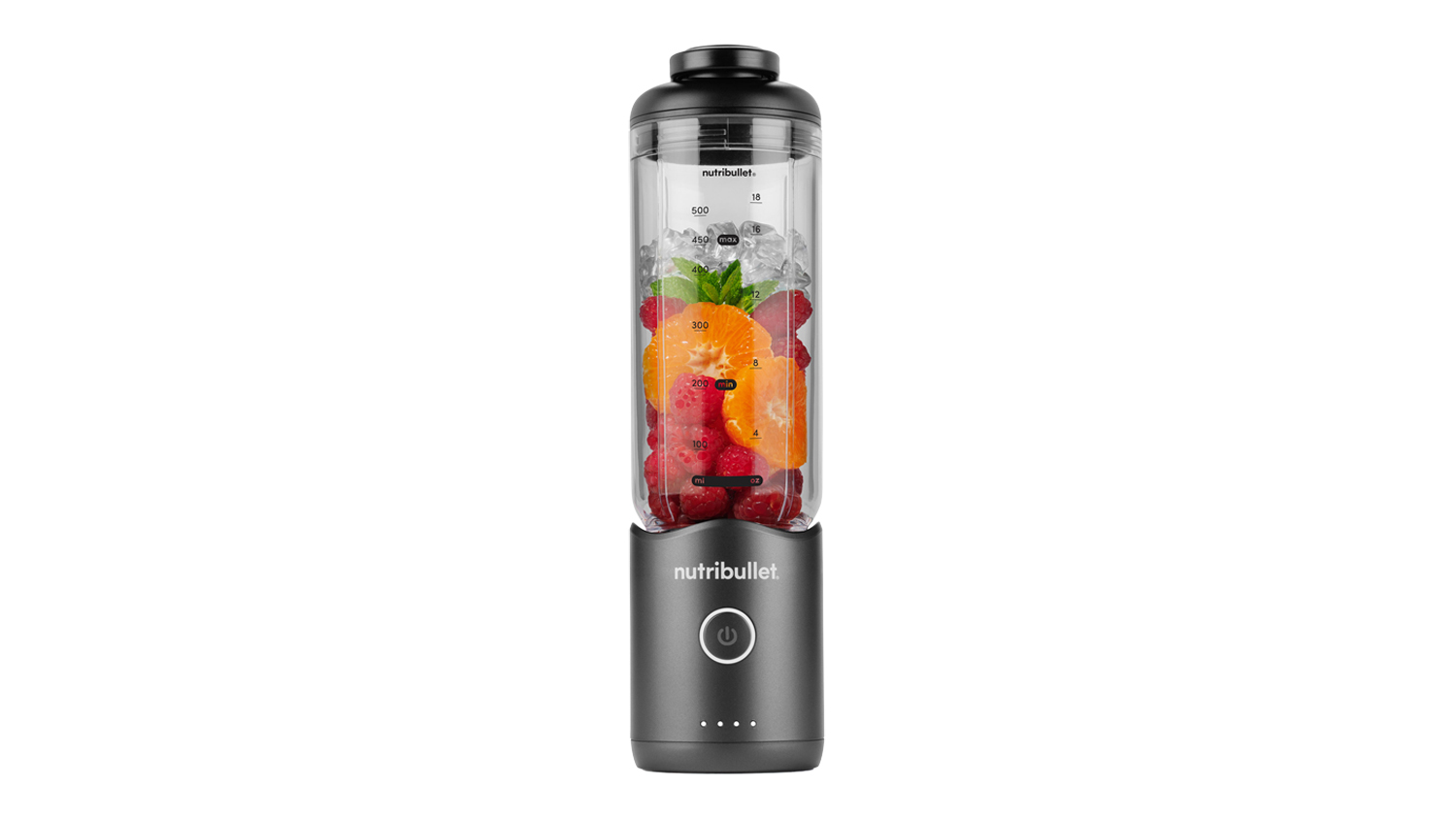 Nutribullet Flex Portable Blender filled with raspberries and orange slices, featuring a gunmetal grey base and power button