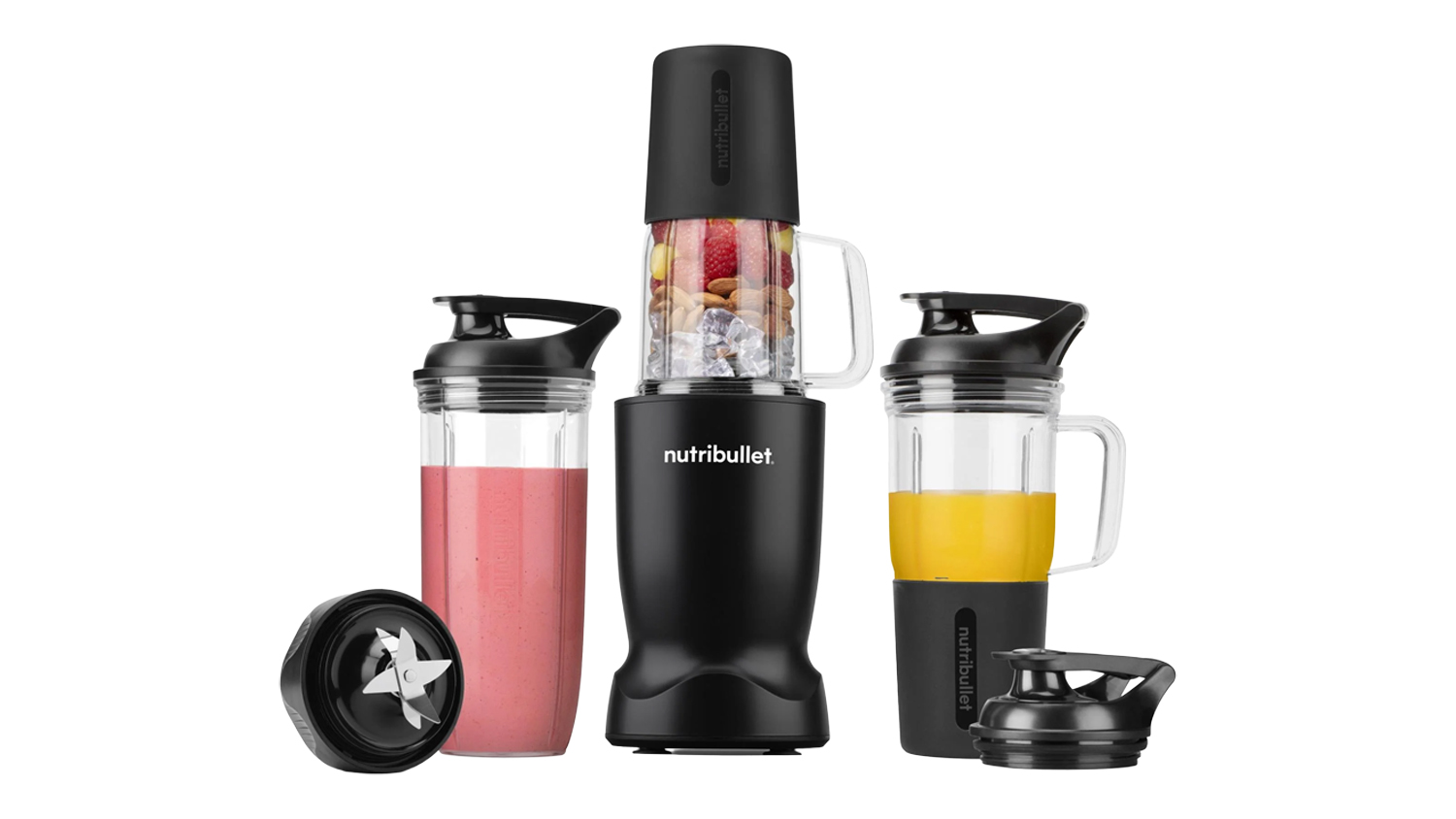Front view of a black NutriBullet personal blender set with smoothie cups, blade attachment and travel lids