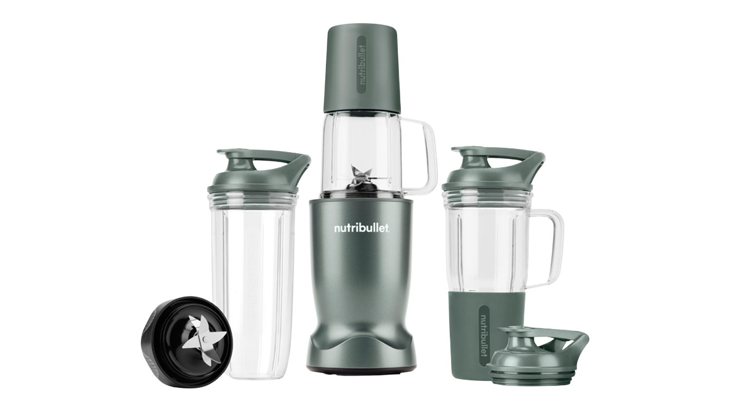 Front view of a sage green NutriBullet personal blender with blending cup, travel cups, blade attachment, and lids