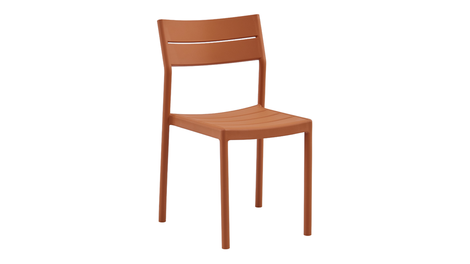 Angled view of a single chair showcasing a vibrant coral red colour