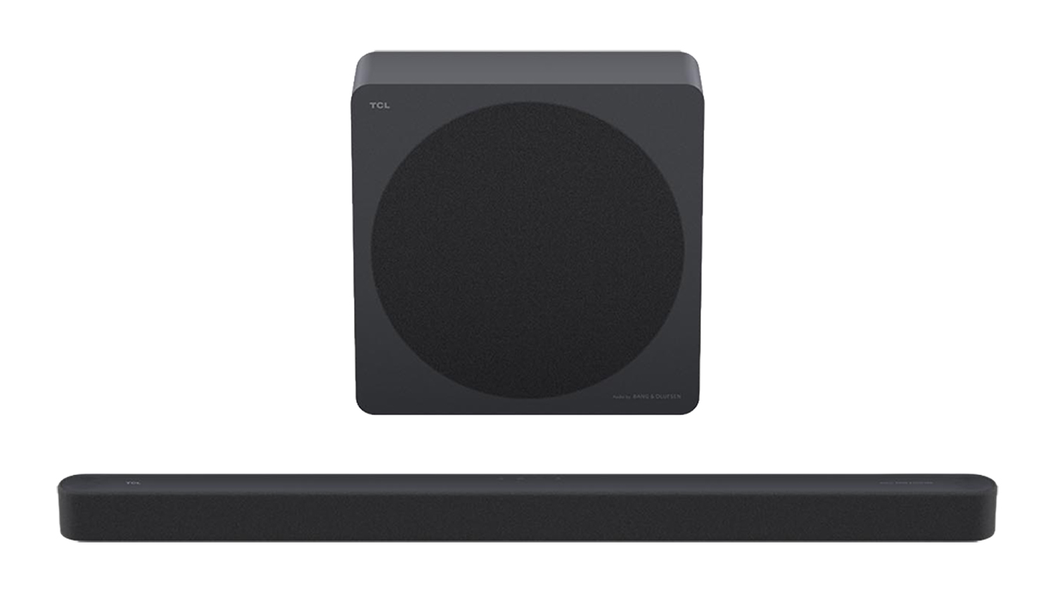 Front view of TCL 3.1.2 Channel Soundbar & Wireless Subwoofer with Audio by Bang & Olufsen in black with rounded edges and fabric speaker grilles