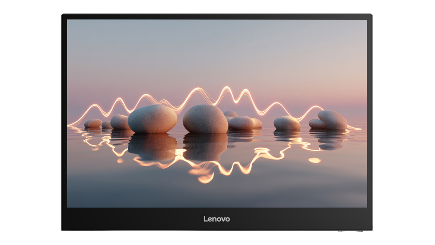 Front view of the Lenovo L16 16" WUXGA Portable Monitor with a black bezel and widescreen display showing a reflective water scene