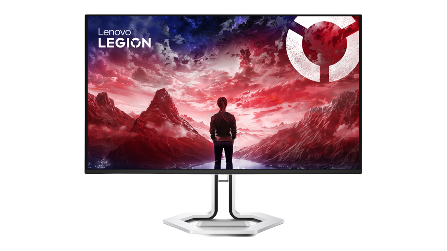 Front view of a black Lenovo Legion 31.5" UHD Gaming Monitor with a white hollow geometric base and thin borders
