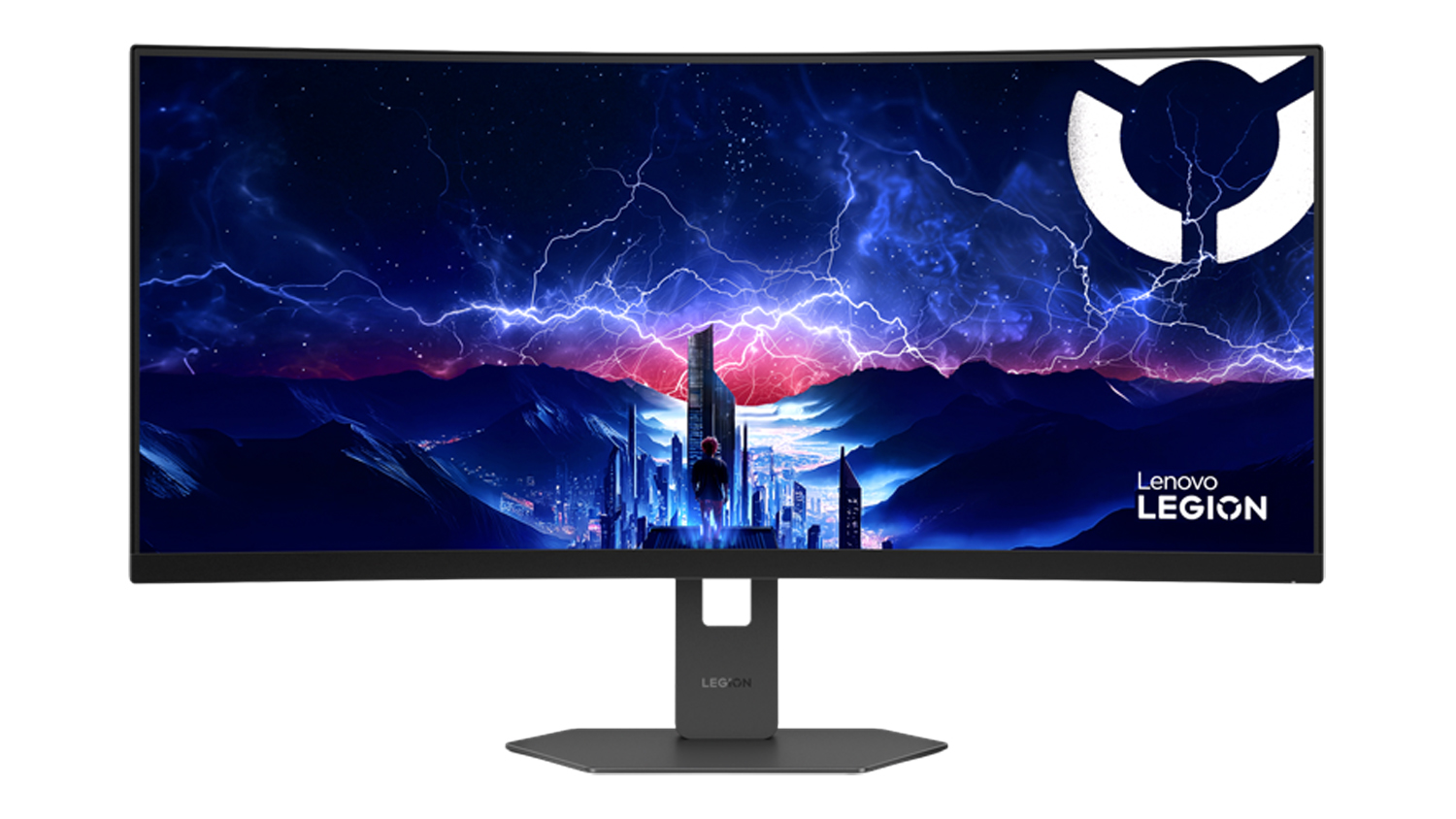 Front view of the Lenovo Legion 34W-2c 34" WQHD Curved Gaming Monitor with ultra-thin bezels and a dark grey stand
