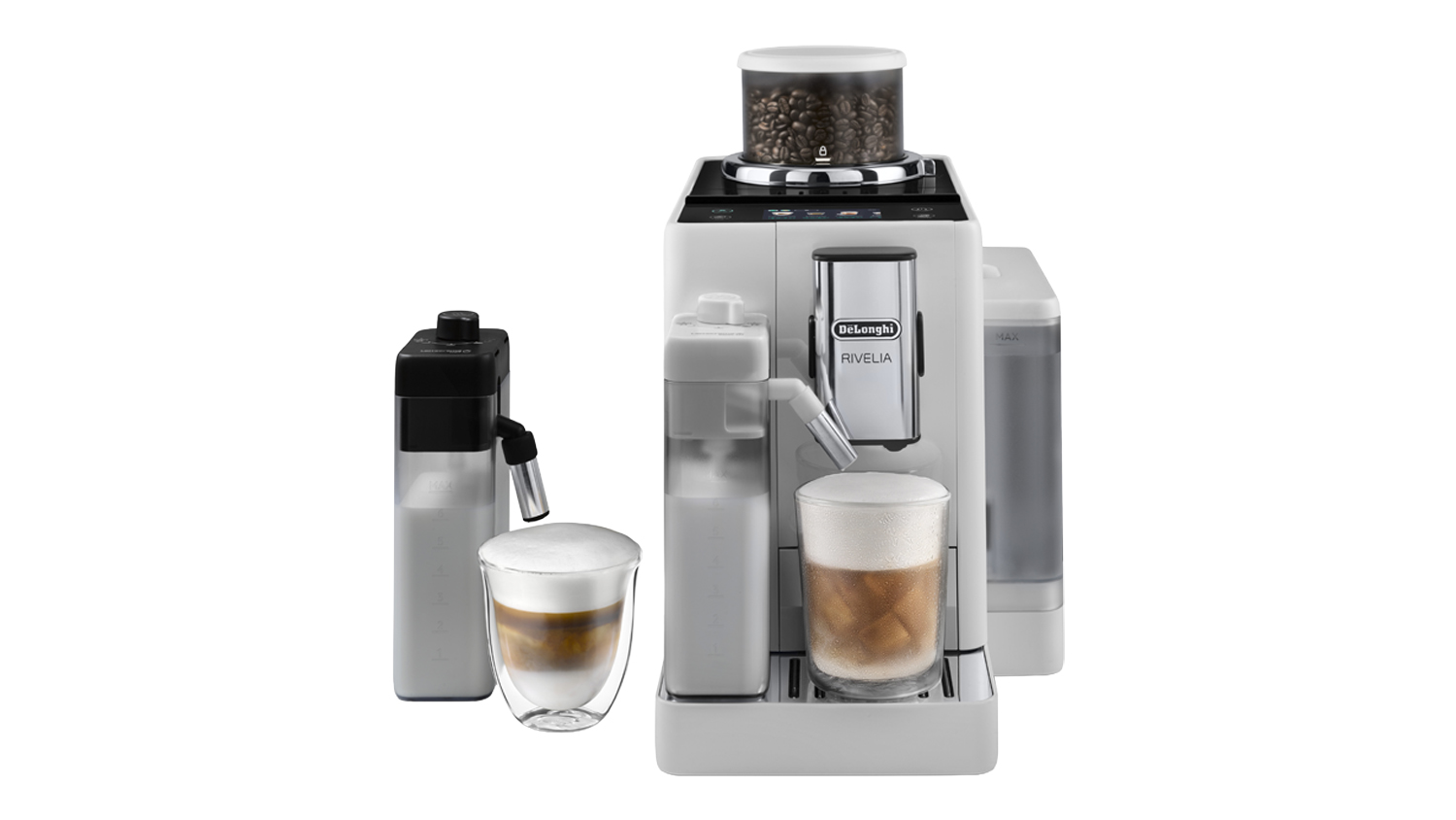 Front view of the Arctic White De’Longhi Rivelia Fully Automatic Espresso Machine with bean hopper, milk carafe, and latte glasses
