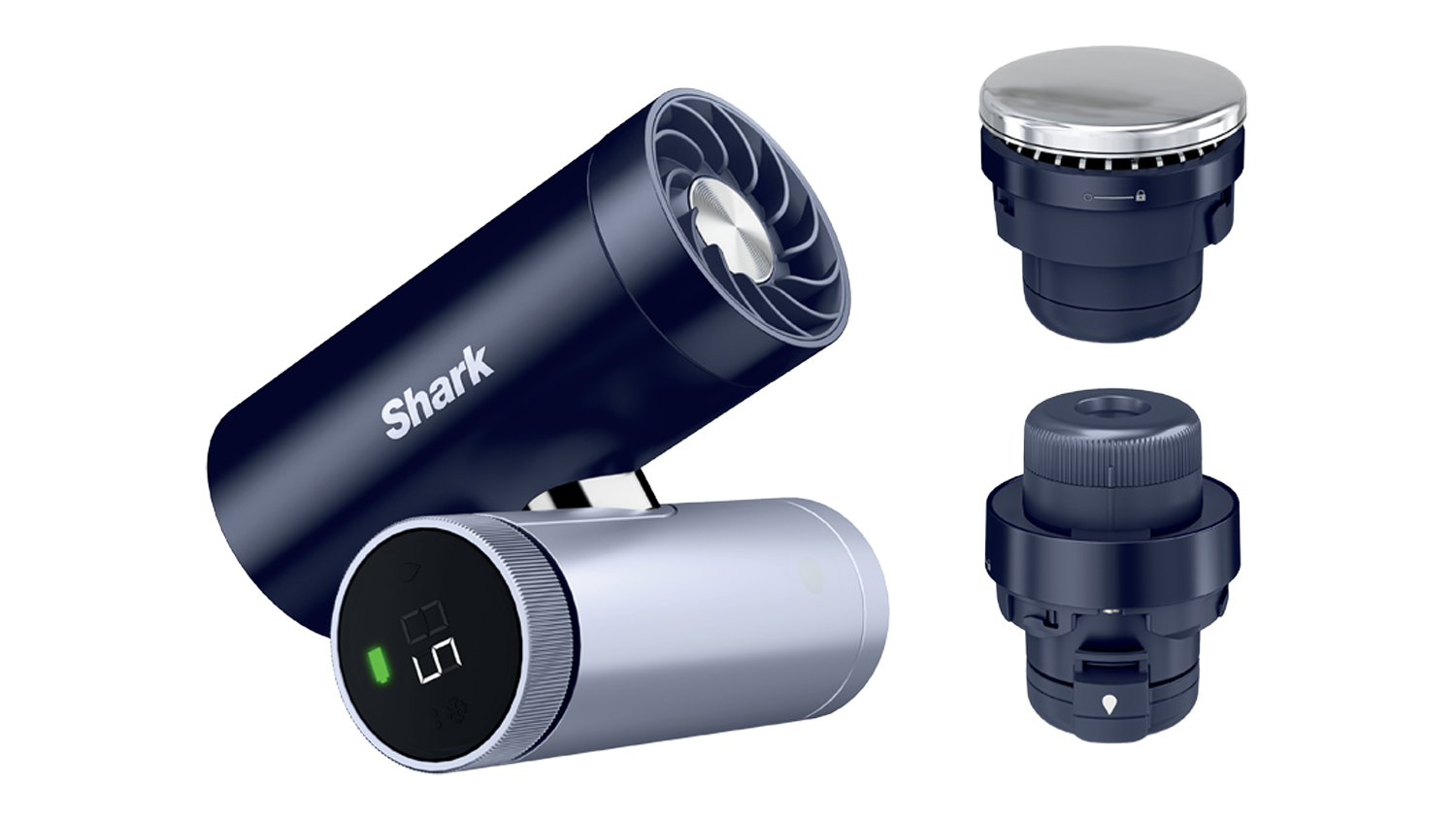 Shark ChillPill 3-in-1 Cordless Personal Cooling Fan, Mist & InstaChill System in navy blue and silver with two interchangeable attachments and a digital display screen
