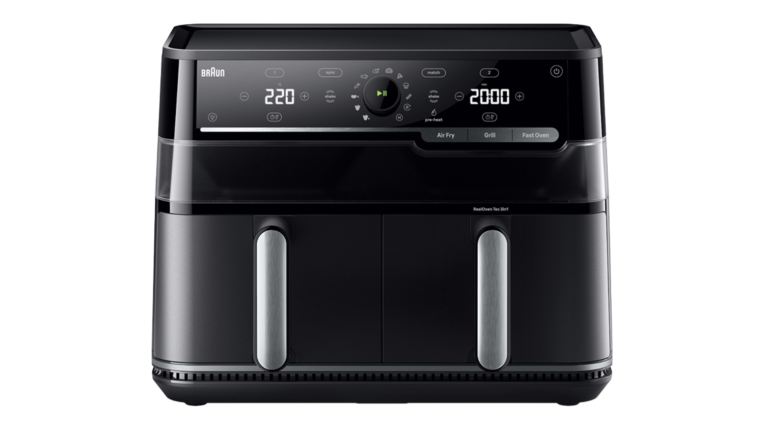 Front view of the Braun TwinCook 5 3-in-1 10L Air Fryer in black with a digital touchscreen and silver handles