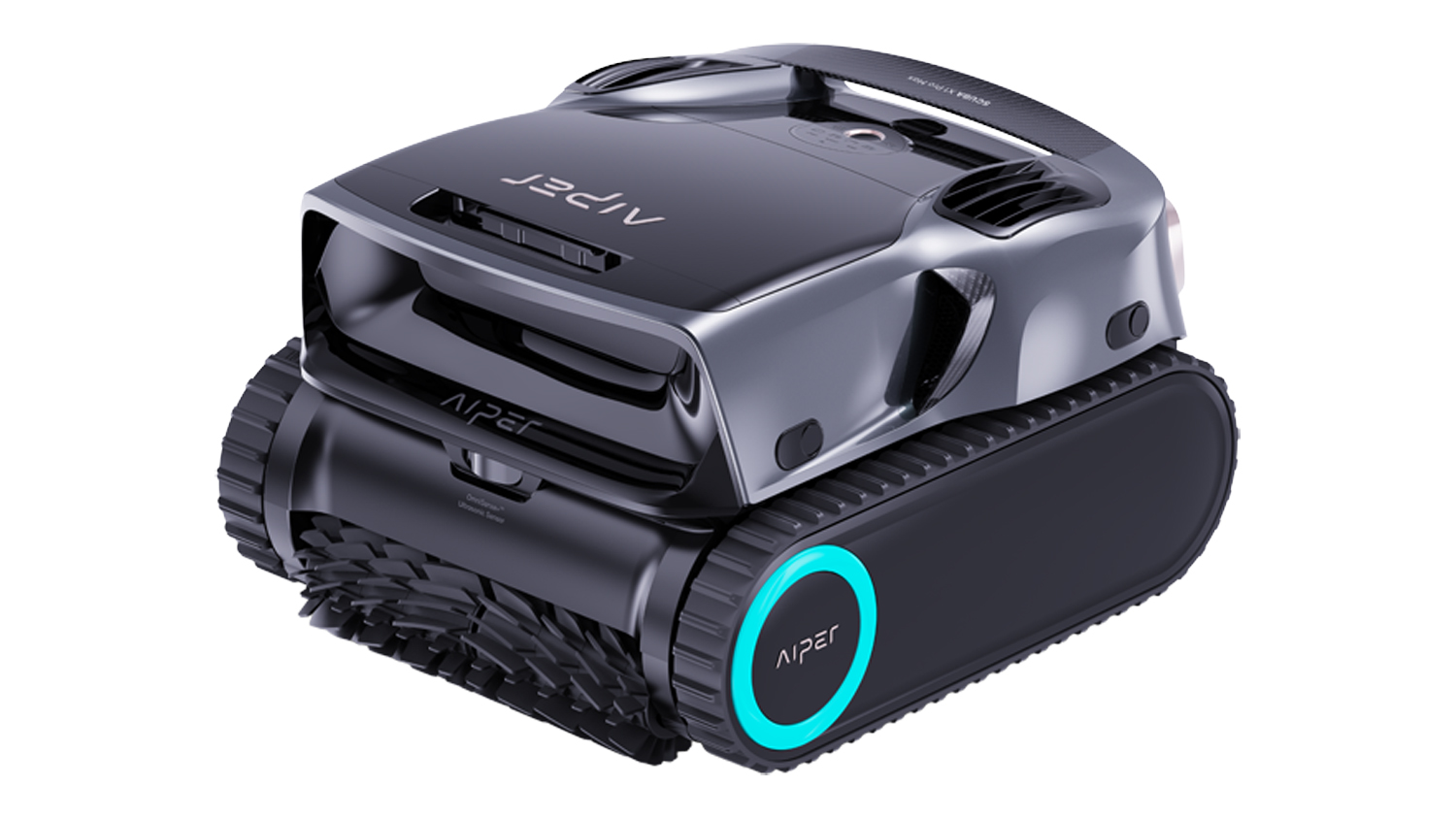 Front three-quarter view of the Aiper Scuba X1 Pro Max robotic pool cleaner in black and grey