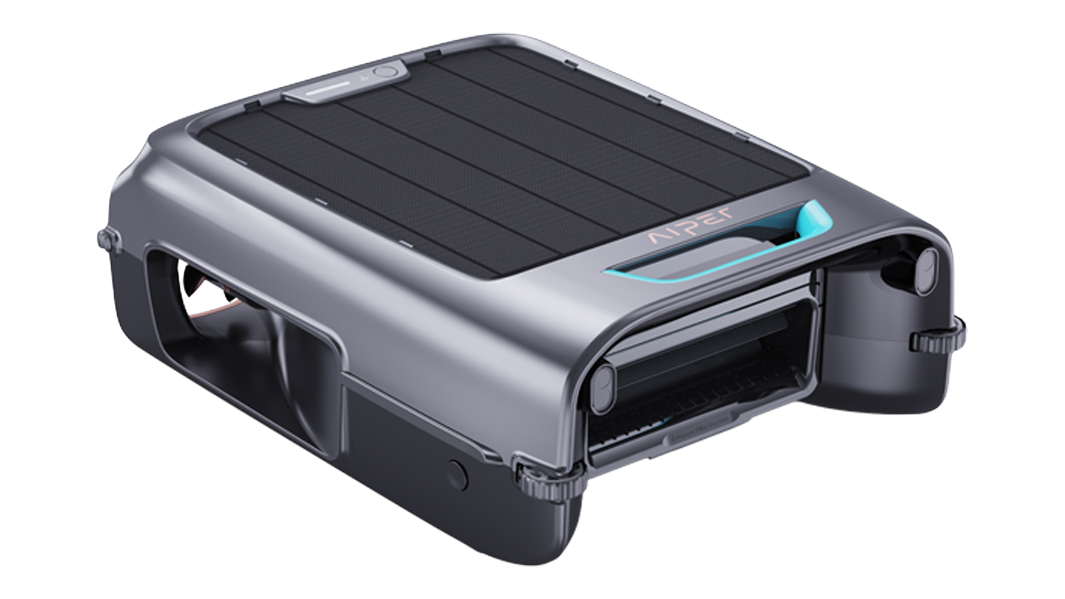 Front three-quarter view of the Aiper EcoSurfer S2 solar-powered robotic pool cleaner in black and grey