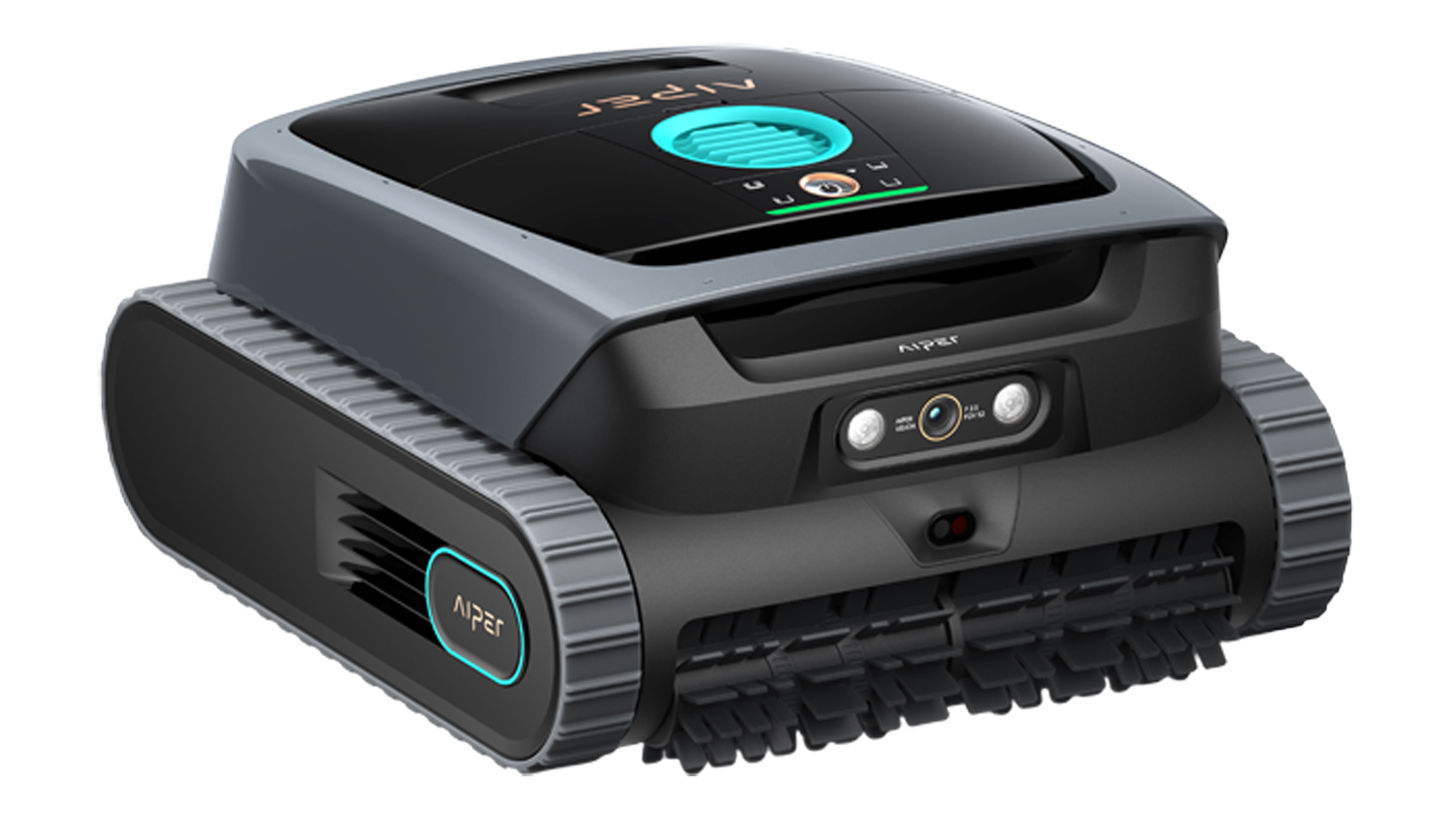 Front three-quarter view of the Aiper Scuba V3 robotic pool cleaner in black and grey