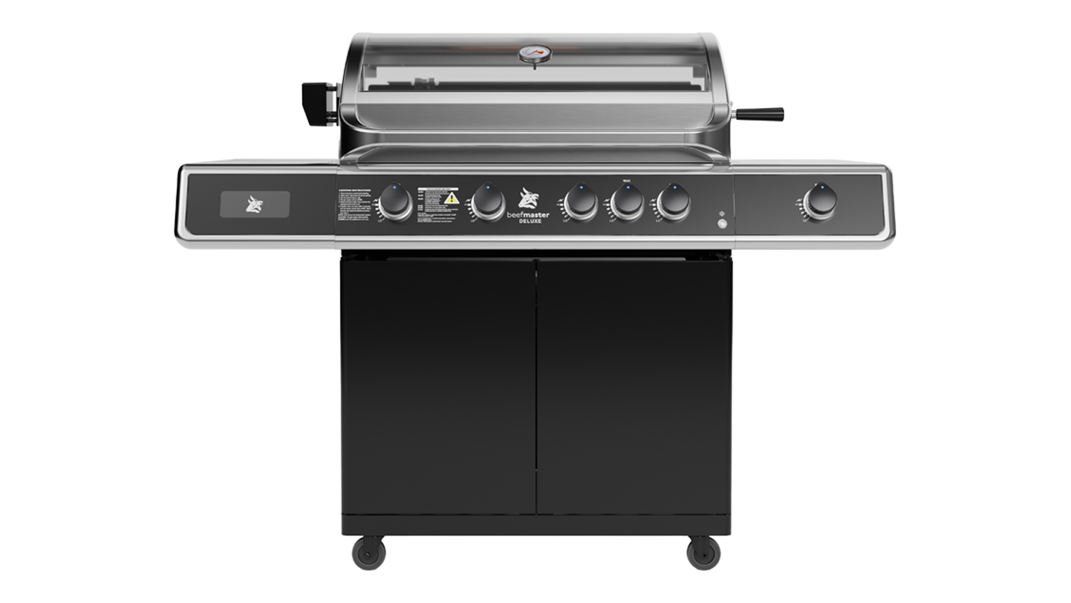 A view of the Beefmaster Deluxe 4-Burner Gas BBQ in black