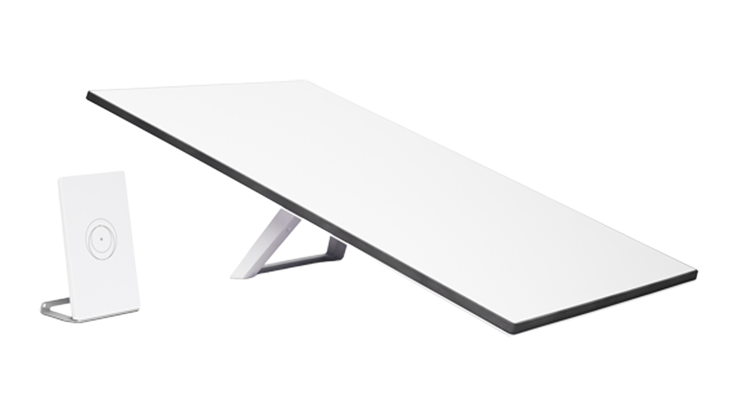 White Starlink Standard Kit V4 satellite dish on kickstand beside the compact Wi-Fi 6 router unit