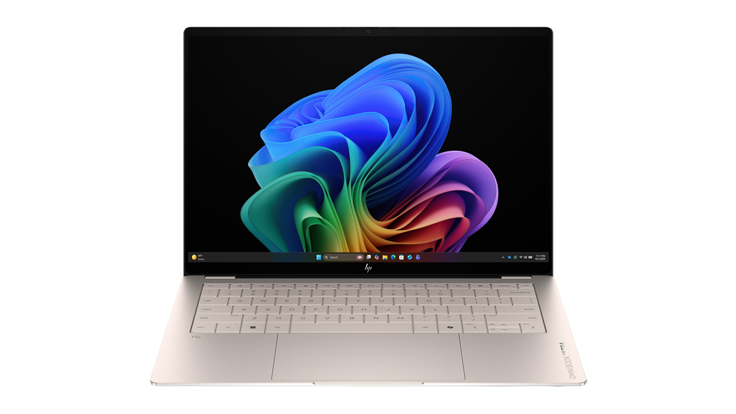 Front view of open HP OmniBook Ultra 14 in Silk Sand with colourful Windows wallpaper