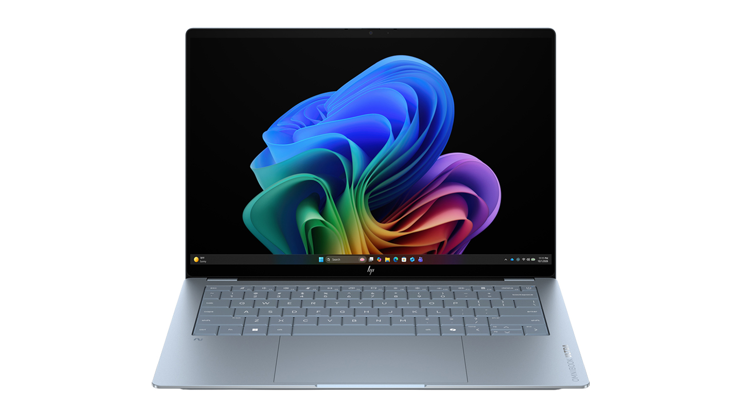 HP OmniBook Ultra 14" Laptop in stone blue shown open from the front view with colourful wallpaper