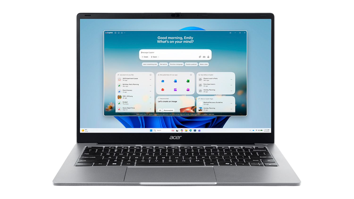 Front view of open silver Acer Aspire Lite laptop displaying Windows desktop interface