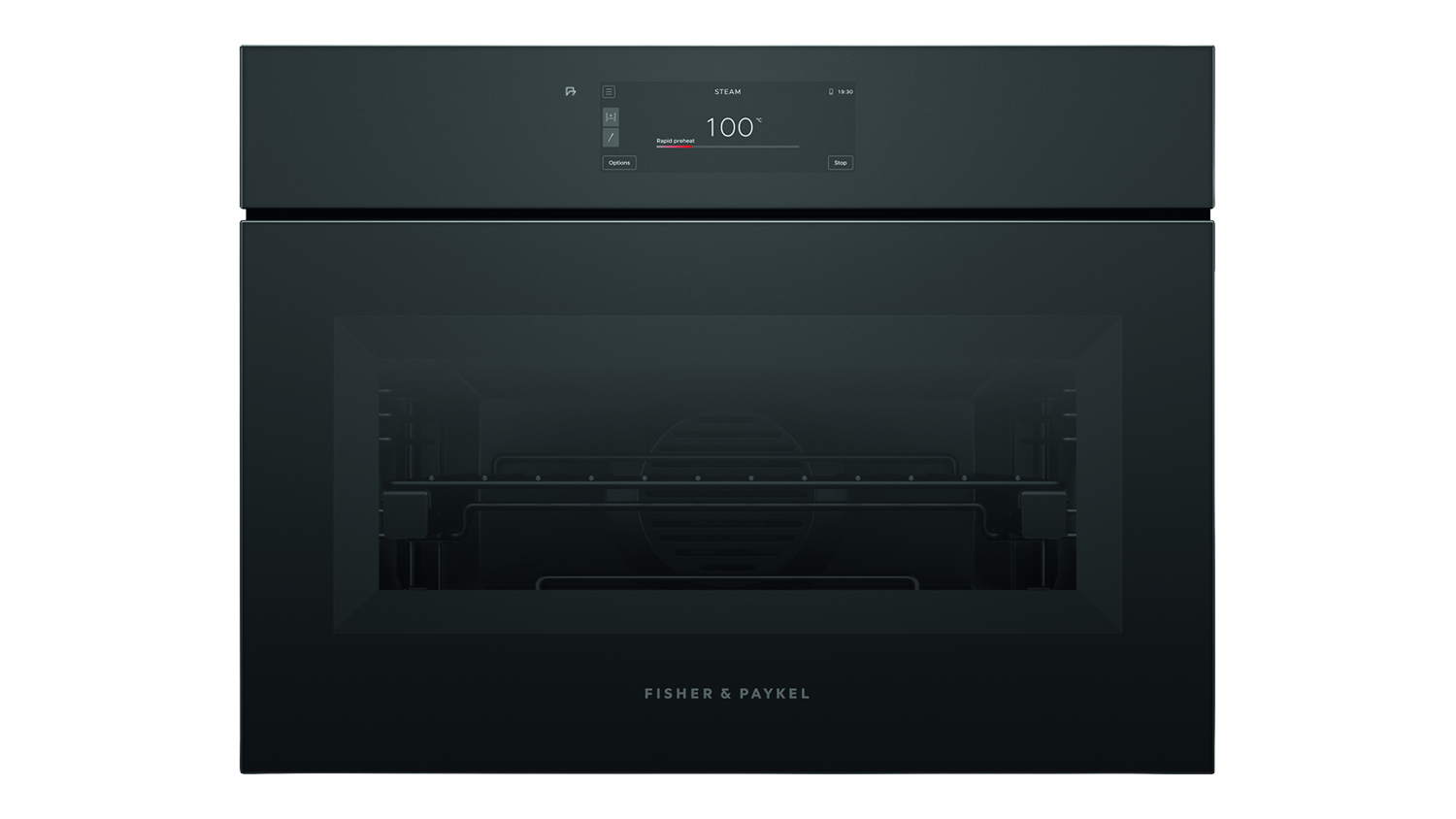 A sleek black Fisher & Paykel combi-steam wall oven with a glowing digital touch screen showing a temperature of 100