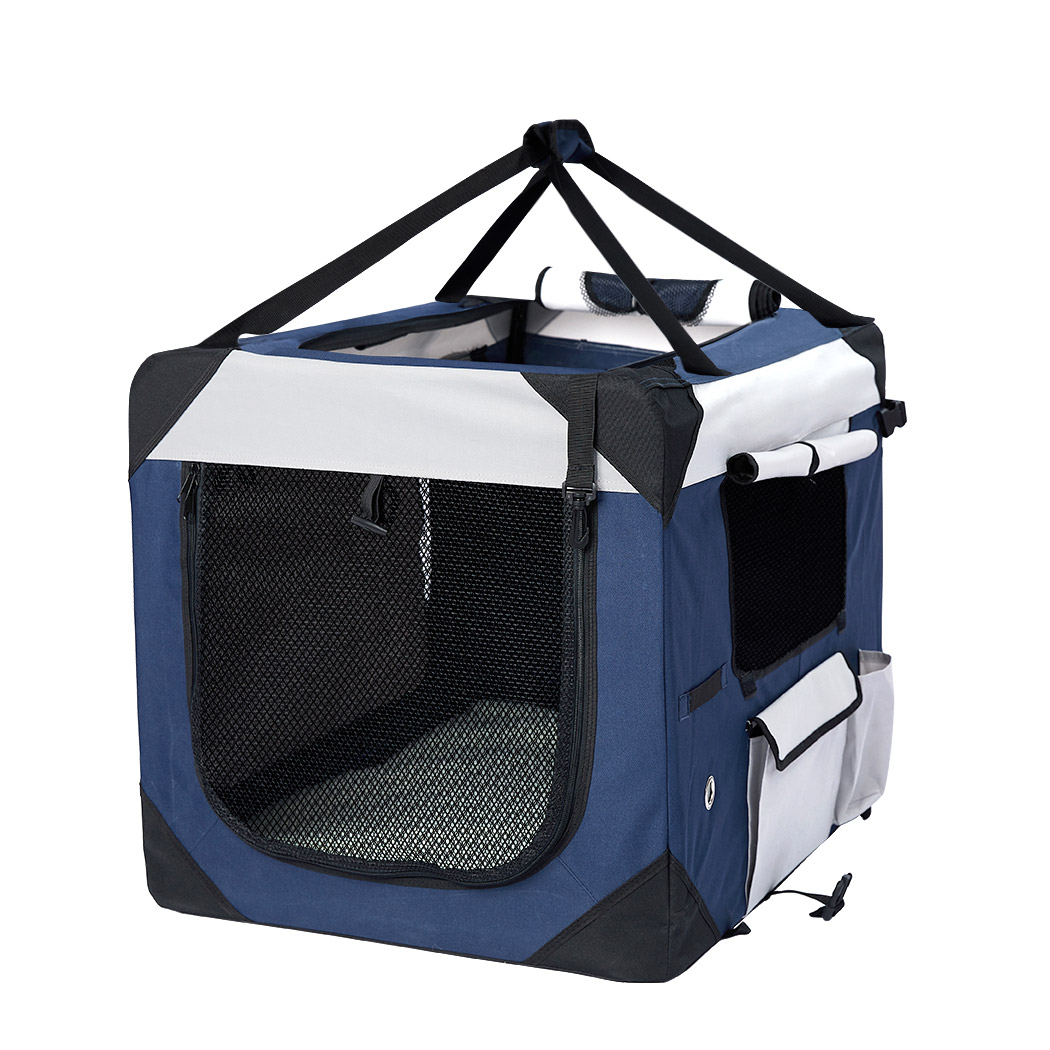 Front angle view of a blue and grey PaWz Soft Pet Transport Crate with a mesh zip door and carry straps