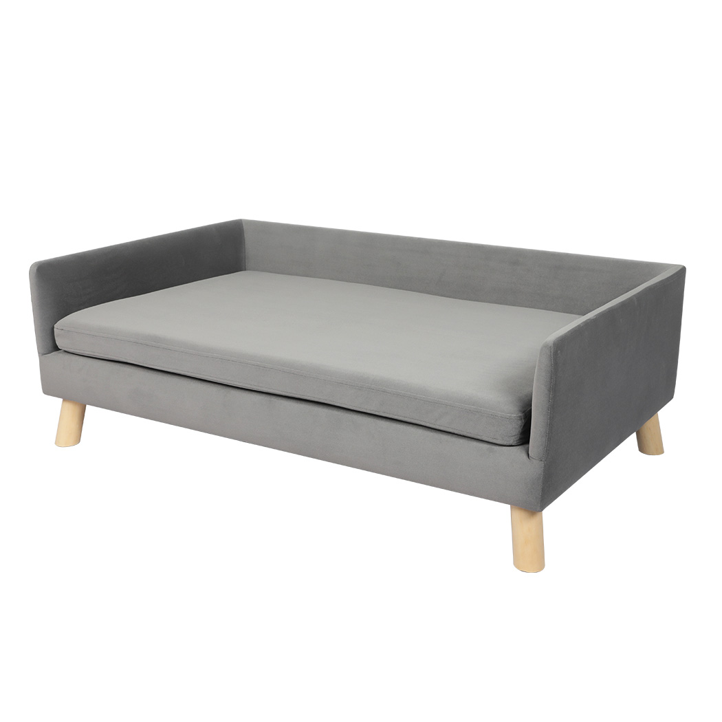 Front-angled view of a grey PaWz Pet Sofa with raised side panels, a removable cushion, and natural wood legs