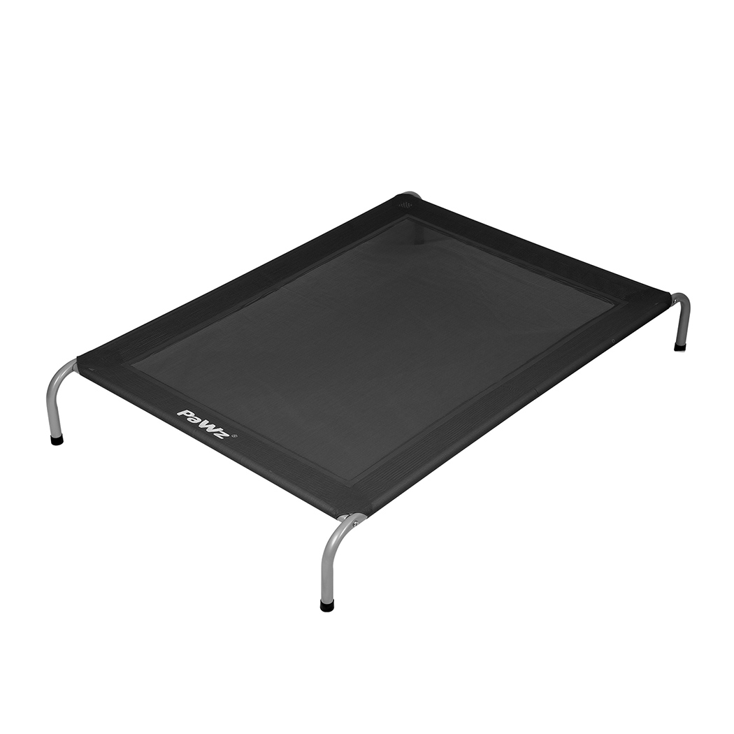 Top angle view of black PaWz Elevated Hammock Pet Bed with breathable mesh surface and silver metal frame