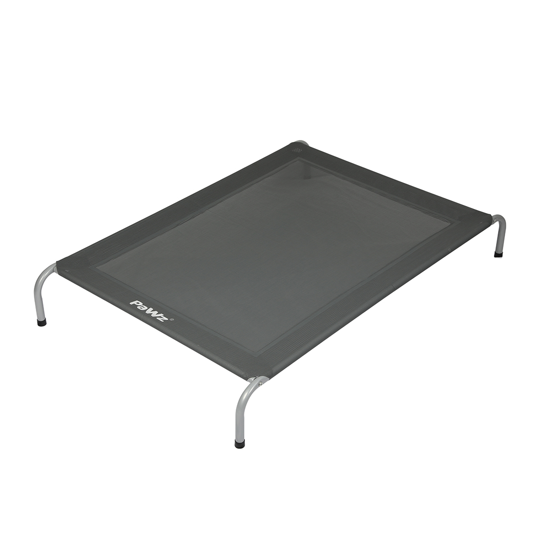 Top angle view of grey PaWz Elevated Hammock Pet Bed with breathable mesh surface and silver metal frame