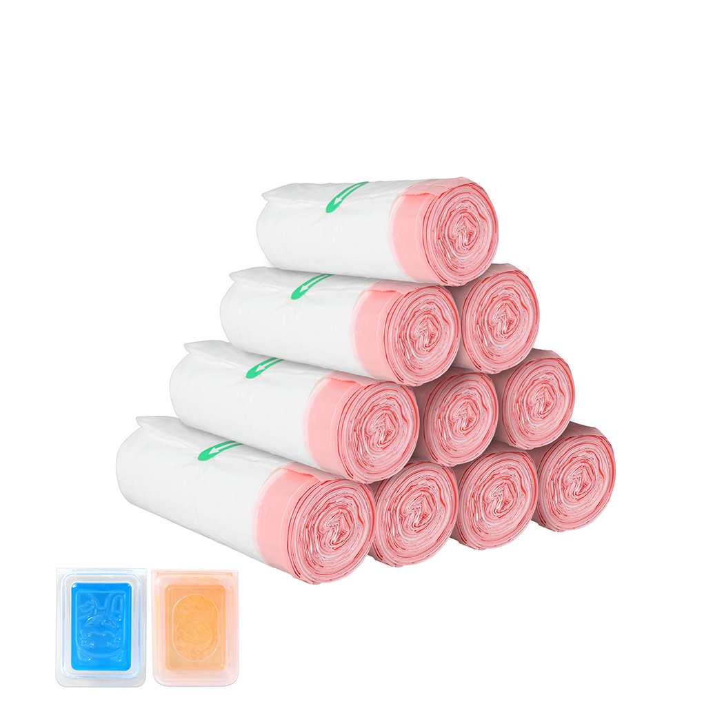 White and pink PaWz Cat Litter Box Bag rolls stacked in a pyramid with two deodoriser tablets