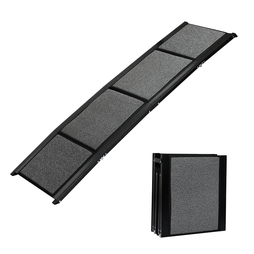 Side view of the Black PaWz Folding Dog Mobility Ramp with Grip and a textured grey walking surface, shown extended and folded