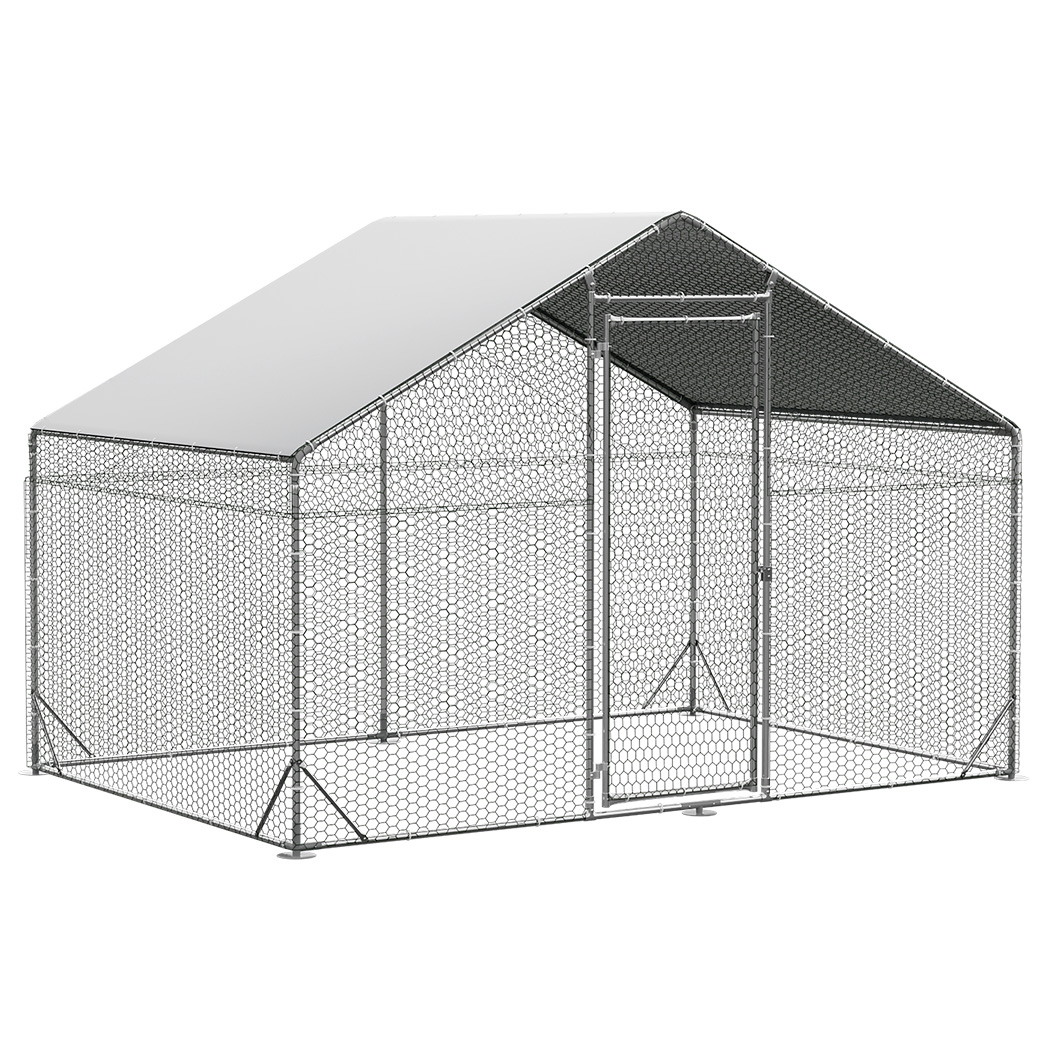 Front angle view of grey PaWz Metal Mesh Poultry Coop with Roof, featuring hexagonal mesh panels, a pitched roof, and a front access door