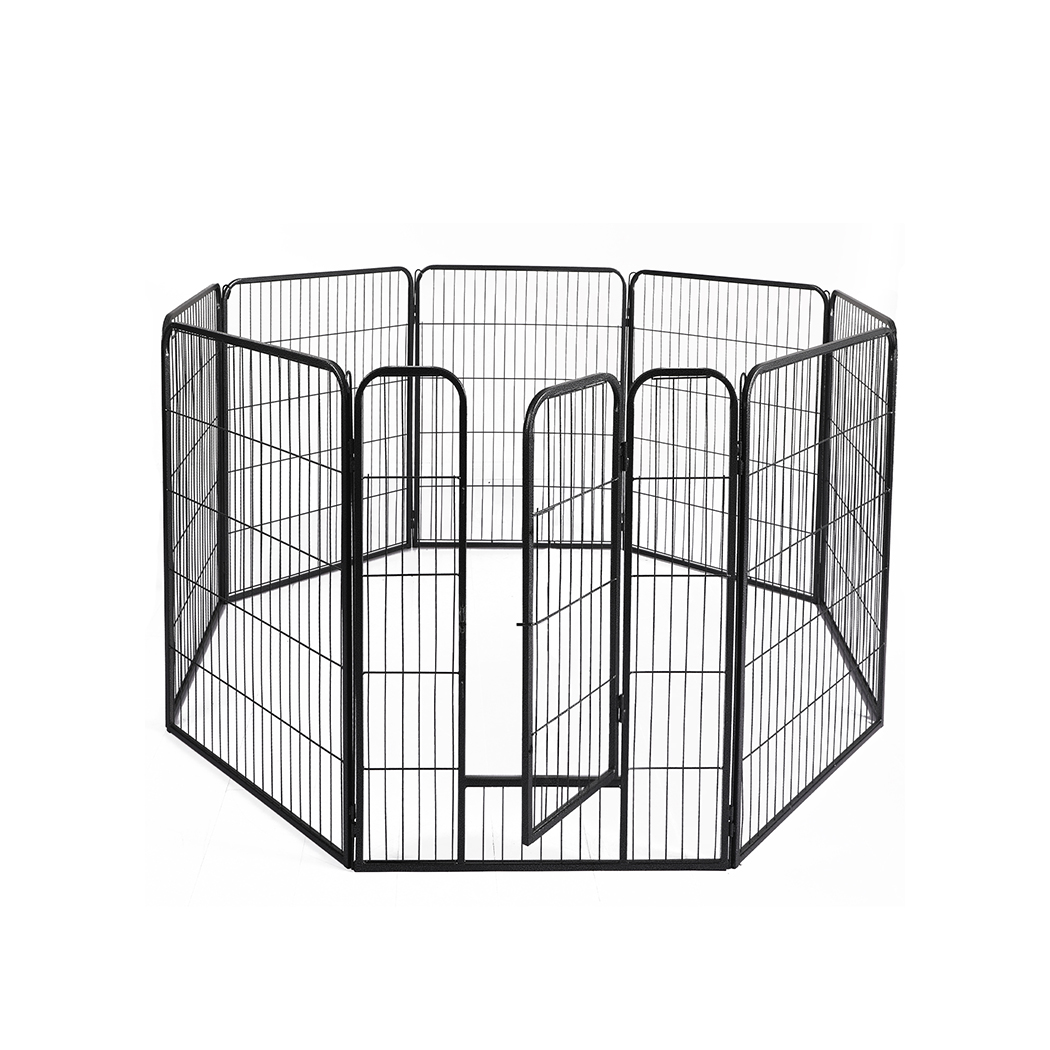 Front angle view of black PaWz Modular Metal Pet Containment Pen with Gate, featuring eight wire panels and a swing gate door