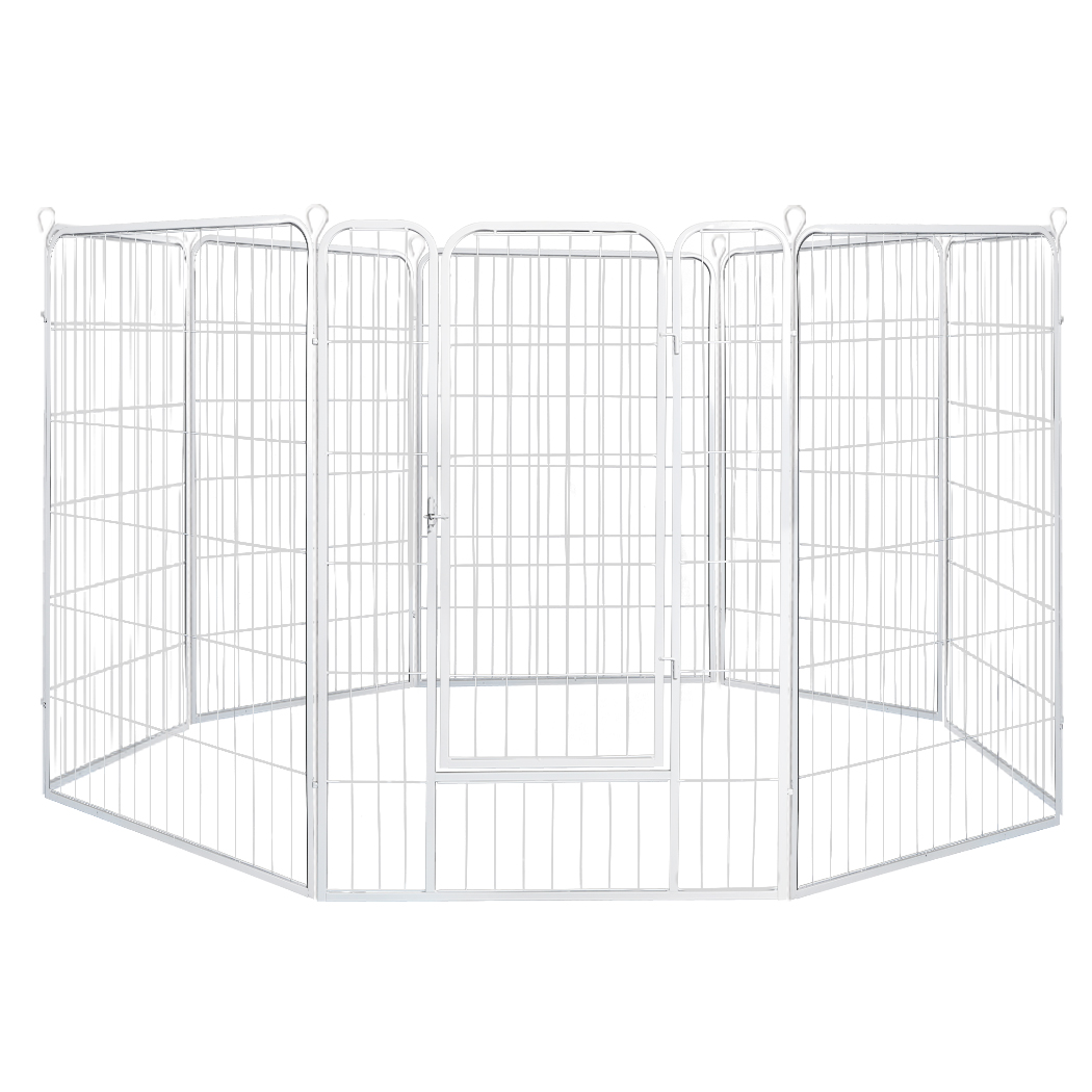 White PaWz Modular Metal Pet Containment Pen with Gate playpen set up in an octagonal shape, featuring a built-in step-through door with a latch