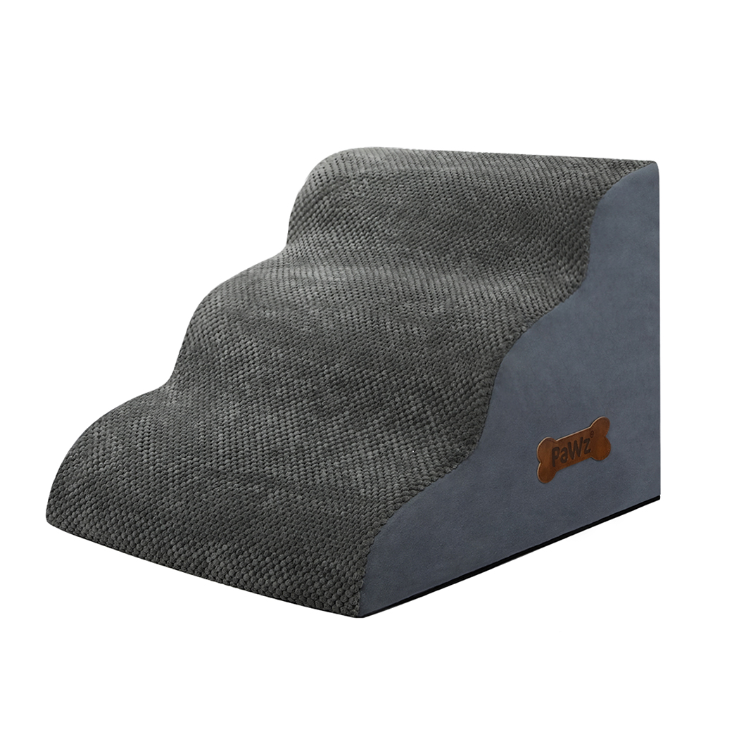 Grey PaWz Foam Rounded Pet Stairs with a textured, non-slip fabric surface and a bone-shaped PaWz logo on the side