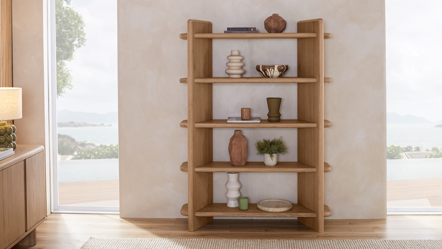 Front view of the 5-shelf Oxford 1300mm Bookcase in Light Oak