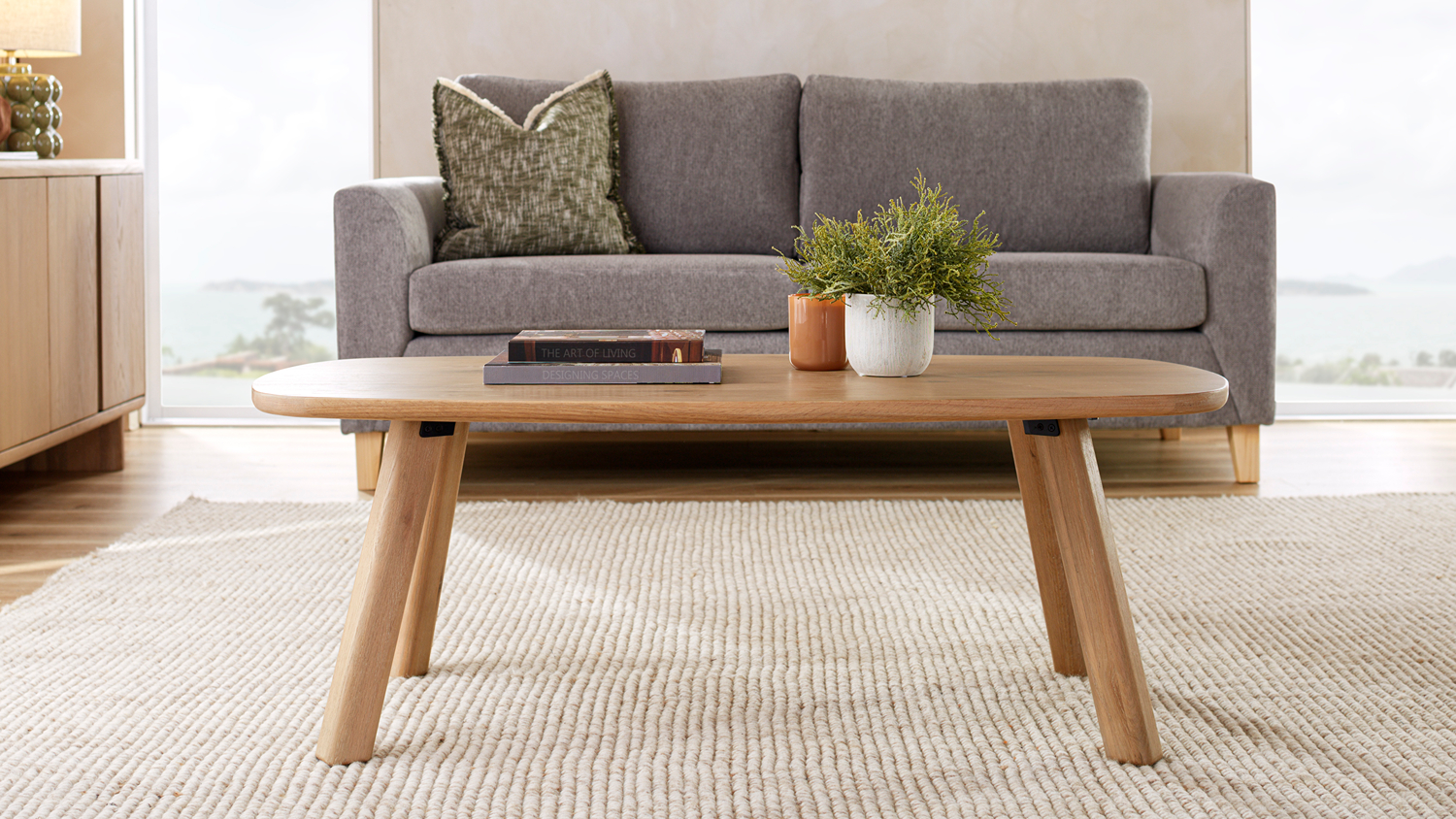 Front view of Oxford 1250mm light oak coffee table with soft rounded edges