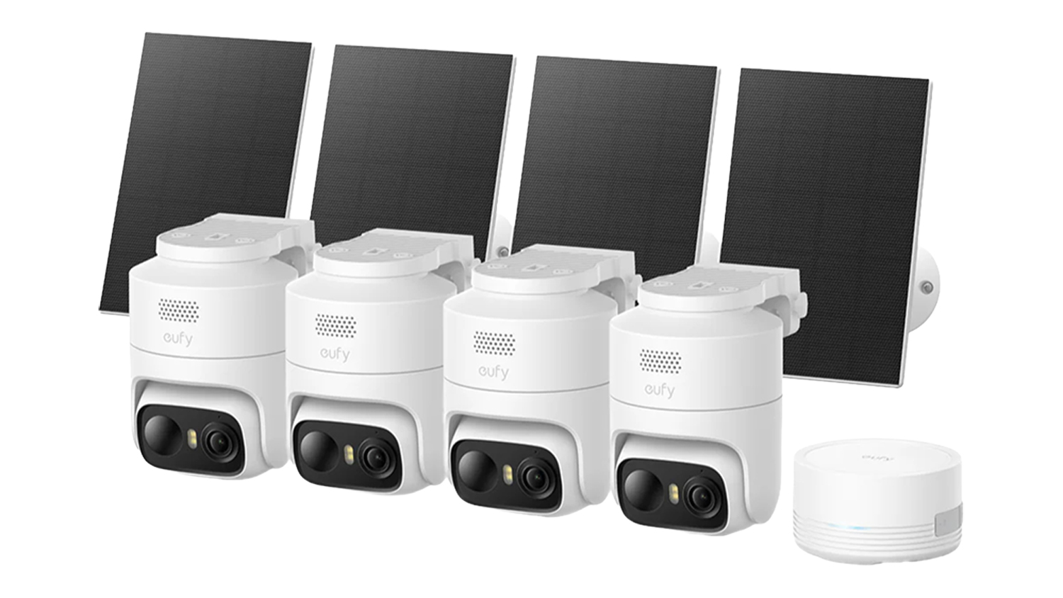 Four EufyCam C37 outdoor wireless security cameras with matching solar panels and HomeBase unit
