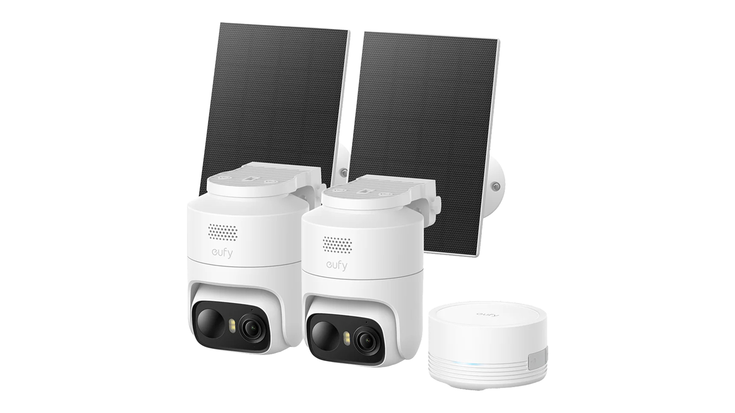 Two EufyCam C37 outdoor wireless security cameras with matching solar panels and HomeBase unit