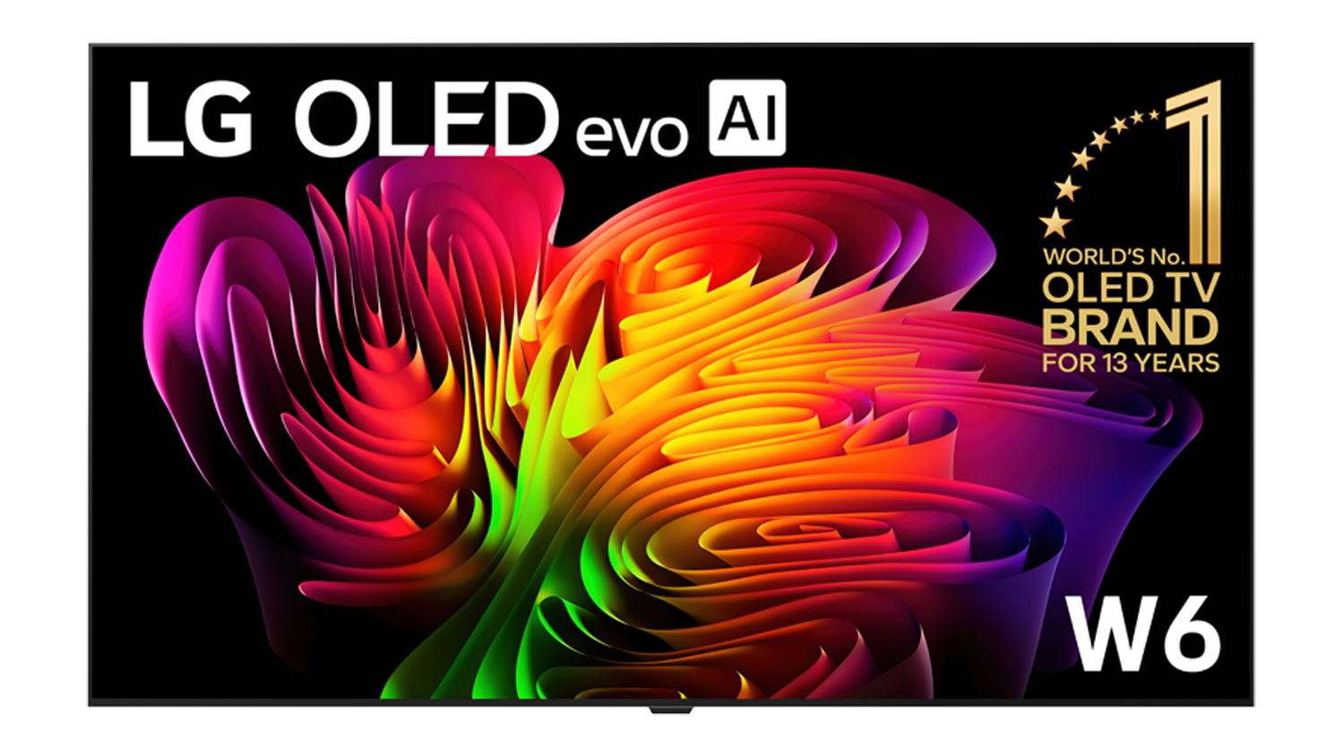 Front view of the LG W6 OLED evo AI Wallpaper TV displaying a vivid multicoloured abstract image