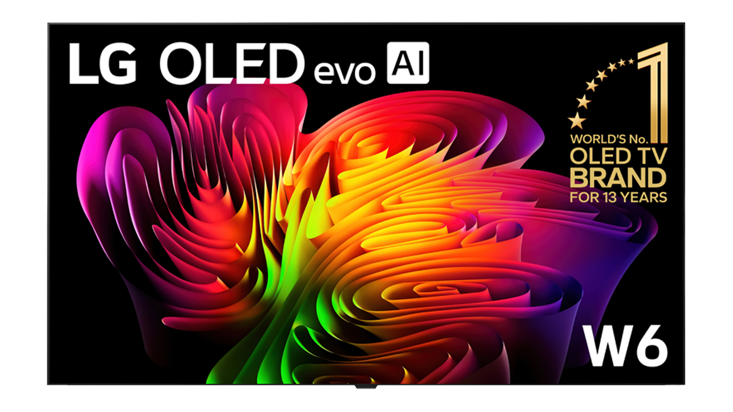 Front view of the LG W6 OLED evo AI Wallpaper TV displaying a vivid multicoloured abstract image