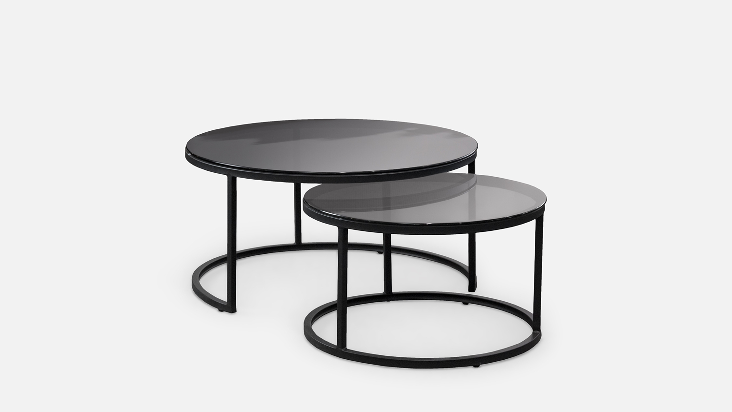 Orbit Nest of 2 Tables in grey featuring round tint glass tops and slim black metal frames