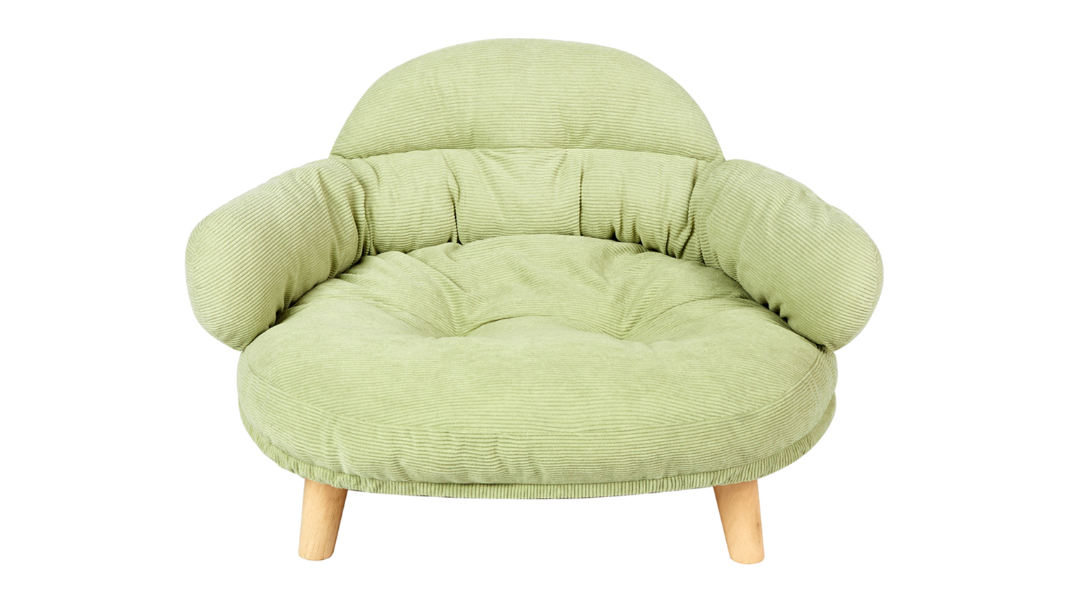 Light green corduroy pet sofa with curved armrests and wooden legs, front view on a white background