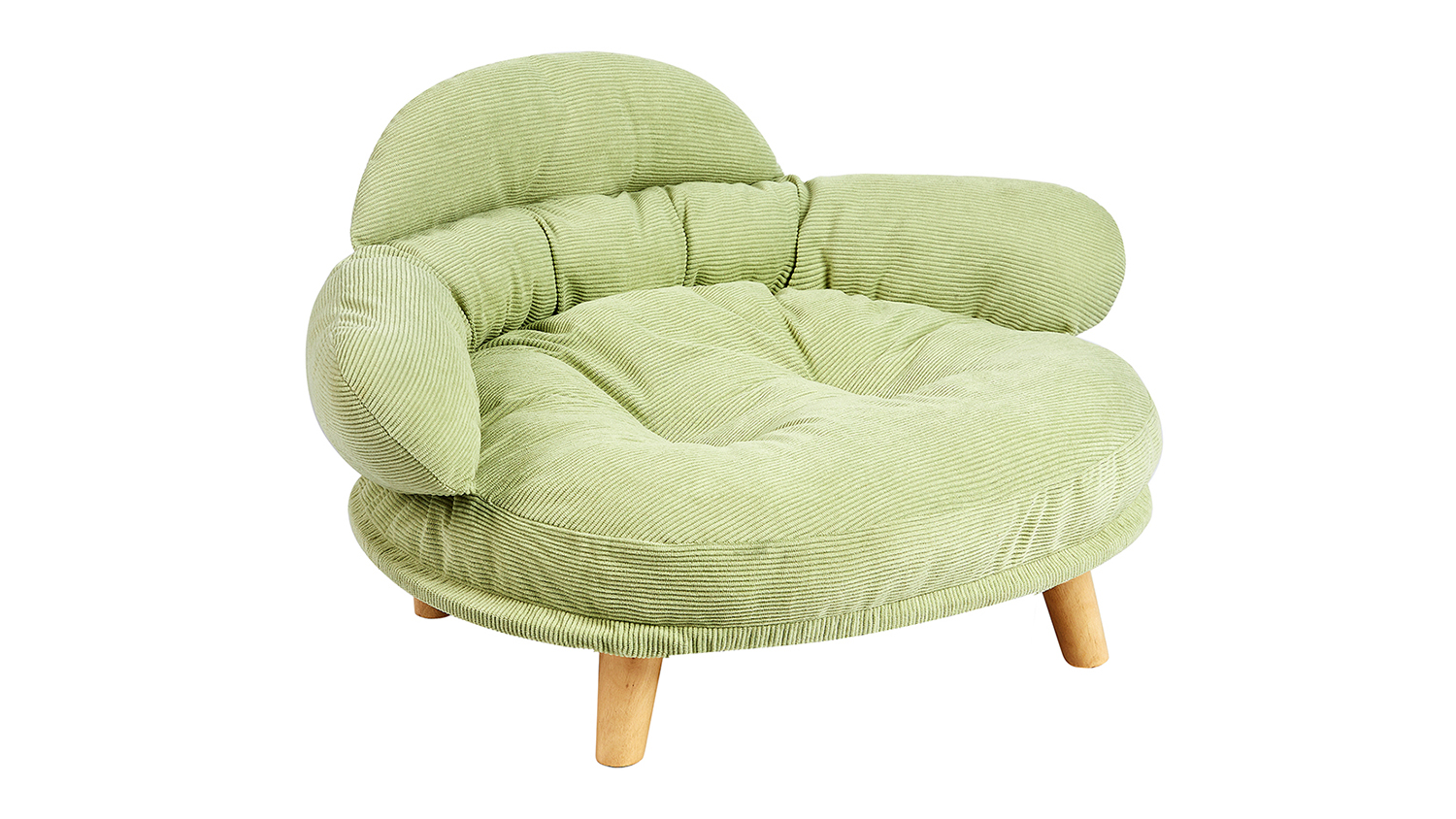 Light green round pet sofa with cushion and wooden legs, angled side view