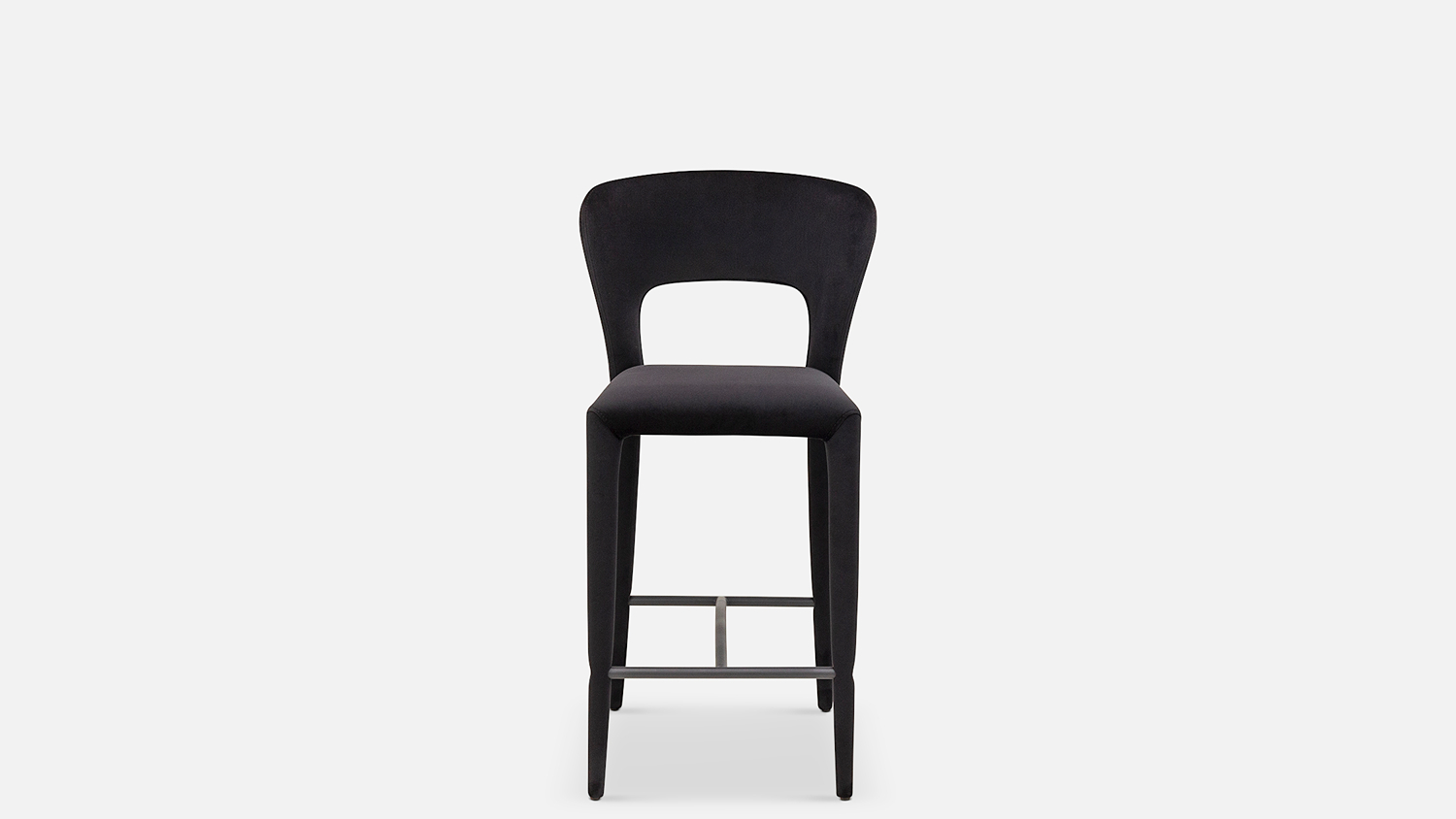 Front view of the Pitcher Fabric Barstool in black upholstery, featuring a padded seat and curved low backrest